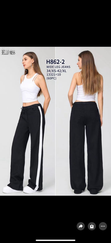 JEANS A PALAZZO NERO CON BANDE ART.H862-2