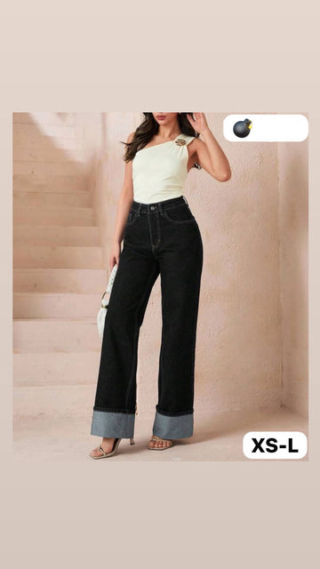 JEANS A PALAZZO NERO CON PIEGONE