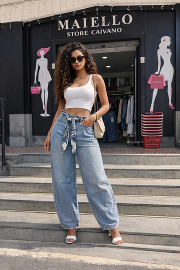 JEANS BALLOON BASIC CON CINTURINO FOULARE A FANTASIA