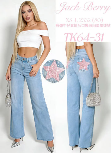 JEANS A PALAZZO CON STELLA ROSA BRILL. RETRO SULLE TASCHE