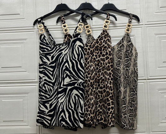 MAGLIA A CANOTTA ANIMALIER CON BRETELLE DORATE