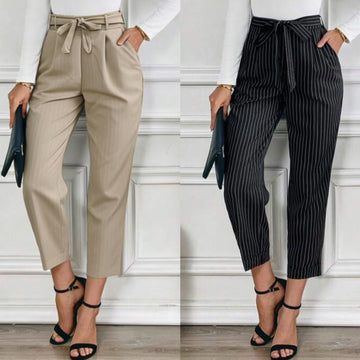 PANTALONE RIGATO CON CINTURINO NODATO