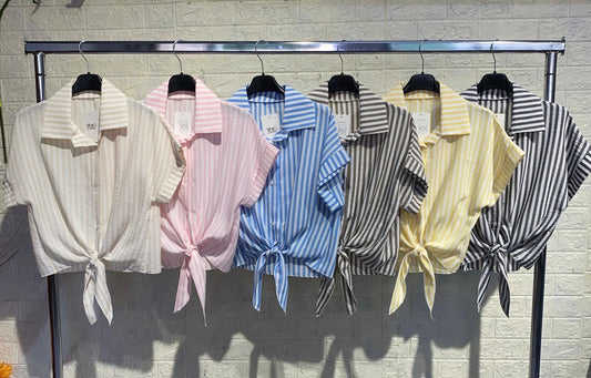 CAMICIA DI COTONE NODATO A RIGHE MEZZA MANICA
