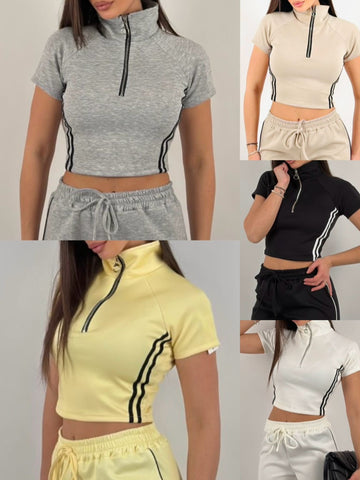 MAGLIA CORTA A ZIP CON BANDE