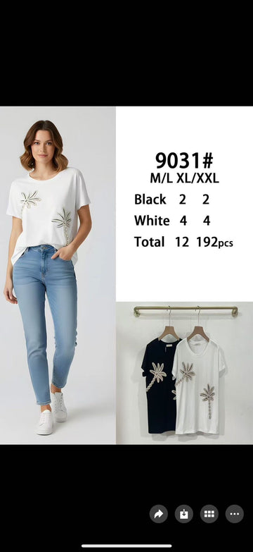 T-SHIRT CURVY PALME CON PERLE