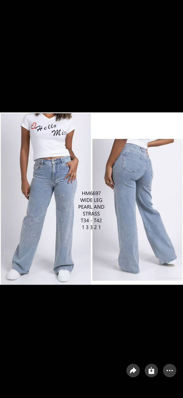 JEANS A PALAZZO CON BRILLANTINI E PERLE