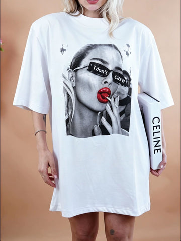 MAGLIA OVERSIZE CON SPALLINE E STAMPA VIP "I DON'T CARE"