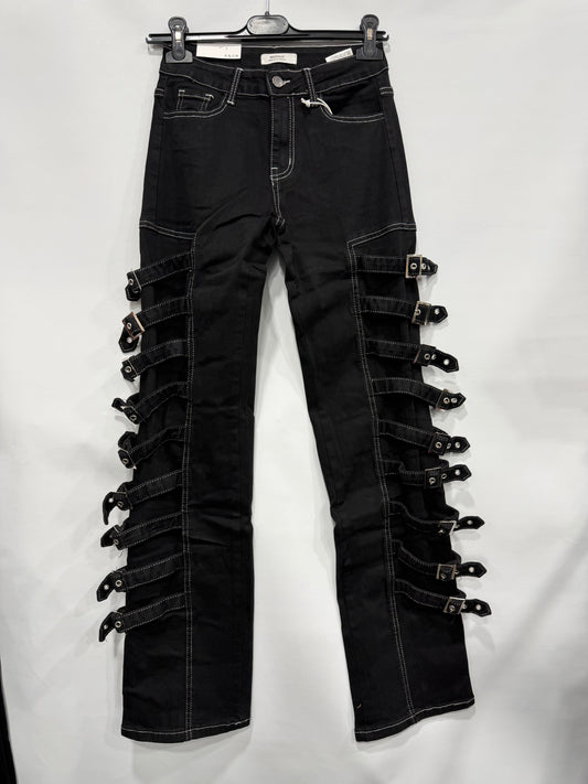 JEANS A ZAMPA BLACK CON SERIE DI CINTE NEI LATI ART.LW373A