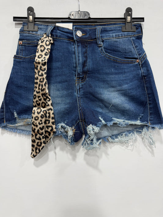 PANTALONCINO DI JEANS SCURO CON FASCIA LEOPARDATA