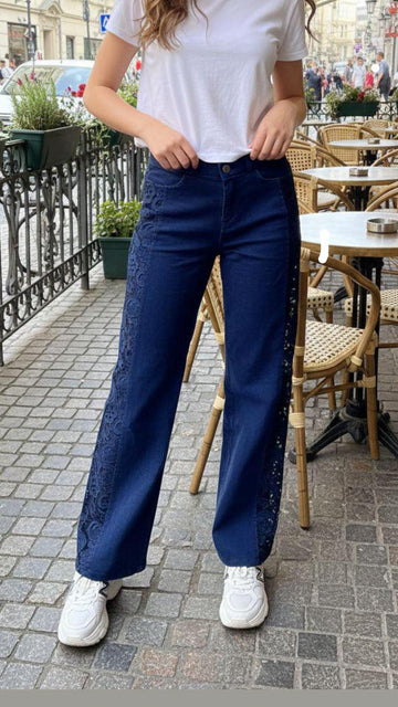 PANTA-JEANS RETE A FIORI BORDI