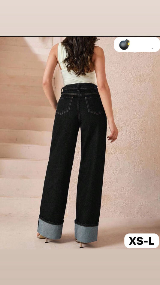 JEANS A PALAZZO NERO CON PIEGONE