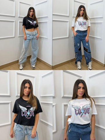 T-SHIRT OVERSIZE CON STAMPA CELESTE E ROSA