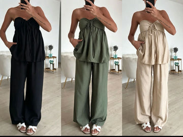 COORDINATO CON TOP LUNGO VELATO IN MISTO LINO